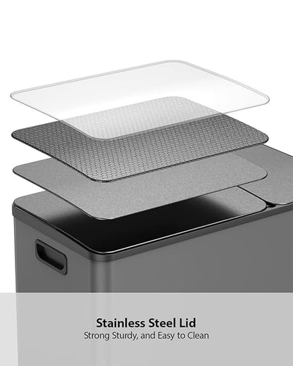 Lovewind Double Trash Can Kitchen, 13+5.5 Gallon Stainless Steel Dual Trash and Recycle Bin Combo with Silent Close Lid, Heavy-Duty Foot Pedal, Easy to Clean Garbage Can for Large Families, Grey