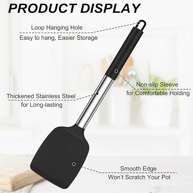 TeamFar Kitchen Utensils, 4 PCS Silicone Cooking Utensils Spatula Spoon Set with Stainless Steel Handle, for Frying Mixing Draining Turning, Healthy & Heat-proof, Non-stick & Dishwasher Safe - Black - Image 3