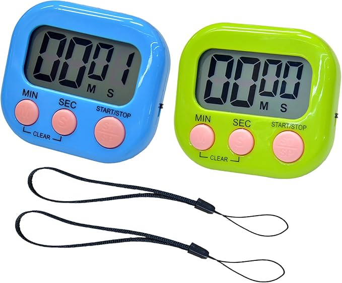 2 Pack Small Digital Kitchen Timer Magnetic Back and On/Off, Classroom Timers for Teachers Kids, Count Up Count Down Loud Alarm Stop Memory Function for Cooking Study Work Exercise (1, Blue+Green) by Soseelnee
