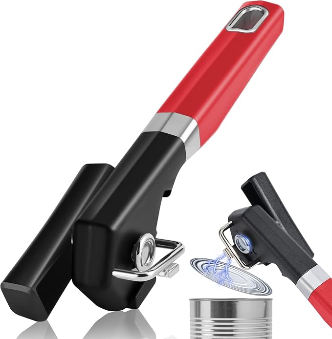 2 in 1 Safety Can Opener Manual Smooth Edge & Bottle Opener, No-Trouble-Lid-Lift Manual Can Opener with Magnet, Large Rubber Handle & Stainless Steel Blade, Side Cut Hand Can Opener for Kitchen (Red) by RICKUNCL