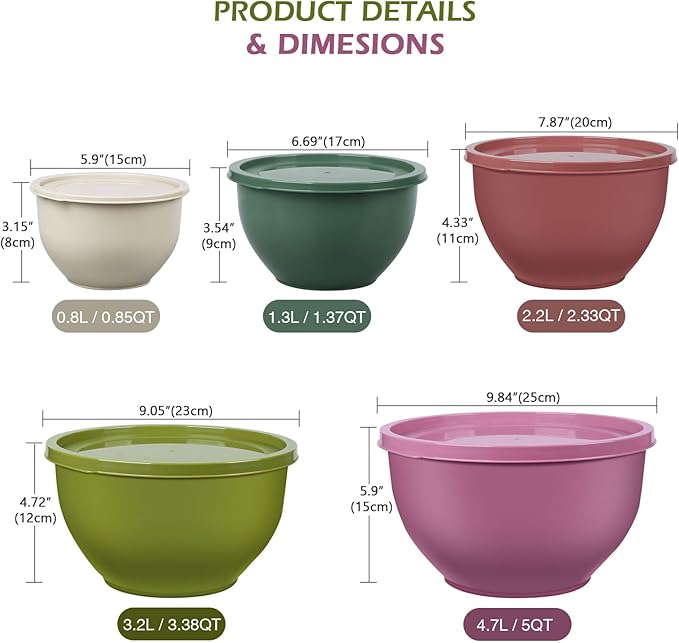 Greentainer Plastic Mixing Bowls with Lids Set for Kitchen, 5 Set Nesting Bowls for Mixing, Baking, Prepping, Cooking and Serving Food, Mixing Bowls Dishwasher, Microwave Safe - Image 2