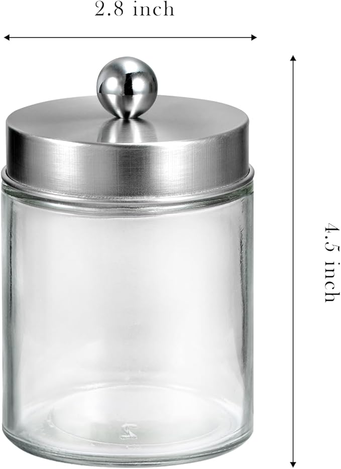 SheeChung Qtip Dispenser Holder 1pcs, Glass apothecary jars with Stainless Steel Lids &Stickers, Countertop Canister Guest Bathroom Storage Organizer Set for Cotton, Floss Picks(Brushed Nickel)