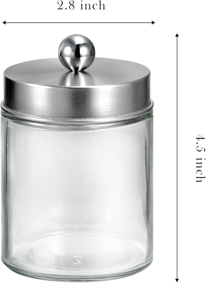 SheeChung Qtip Dispenser Holder 1pcs, Glass apothecary jars with Stainless Steel Lids &Stickers, Countertop Canister Guest Bathroom Storage Organizer Set for Cotton, Floss Picks(Brushed Nickel)
