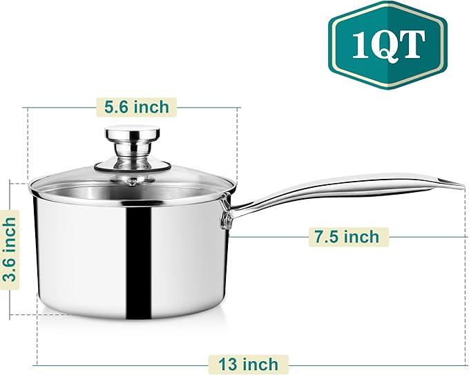 P&P CHEF 1 Quart Tri-Ply Stockpot and Saucepan, Stainless Steel Sauce Pan with Lid, Cooking Induction Pot, Kitchen Cookware for All Stoves, Non-Toxic, Sturdy & Dishwasher Safe, 1 Piece