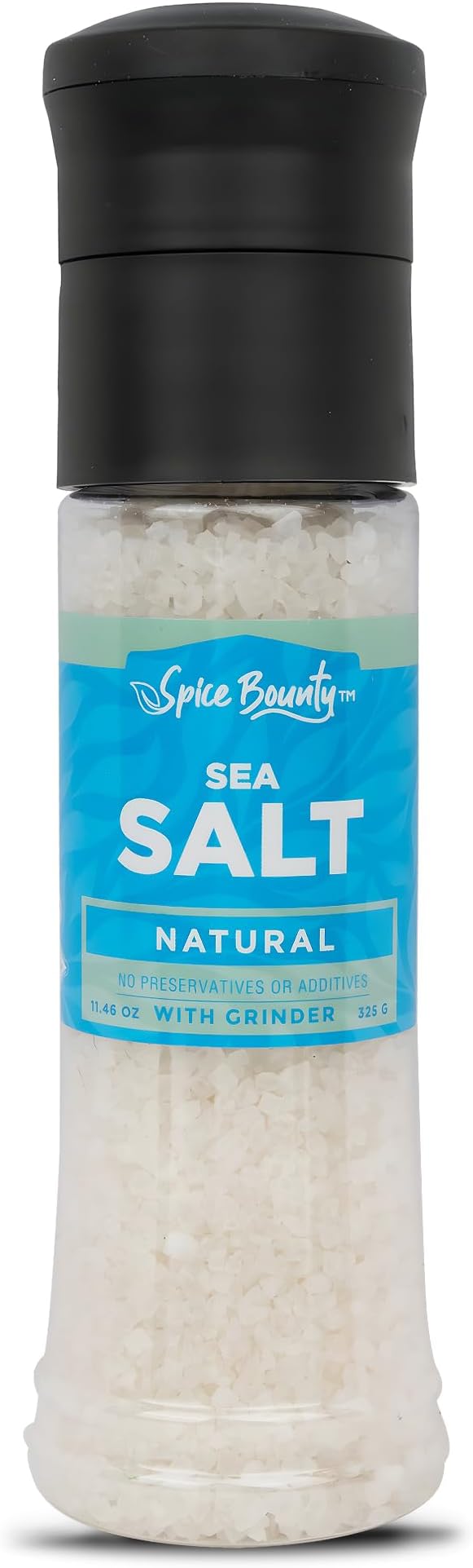 Spice Bounty - Natural Sea Salt Grinder 11.46 oz – Coarse Sea Salt Crystals with Adjustable Refillable Mill | Seasoning Grinder for Holiday Cooking, Baking & Table Use