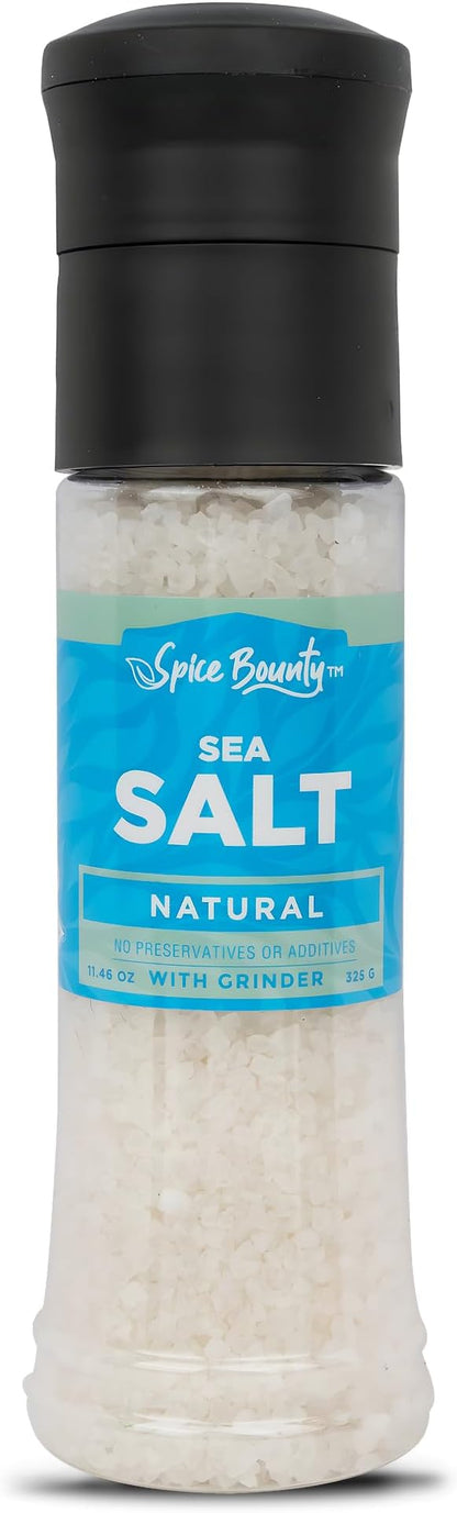 Spice Bounty - Natural Sea Salt Grinder 11.46 oz – Coarse Sea Salt Crystals with Adjustable Refillable Mill | Seasoning Grinder for Holiday Cooking, Baking & Table Use