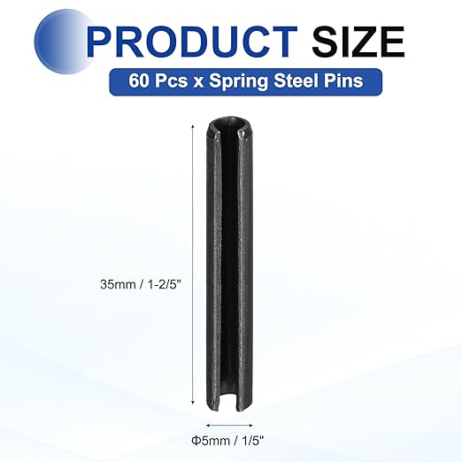 MECCANIXITY 60Pcs Slotted Split Roll Pins 1/5 Inch(5mm) Dia. 1-2/5 Inch(35mm) Length 65Mn Steel Spring Tension Expansion Dowels for Secure Fastening, Black