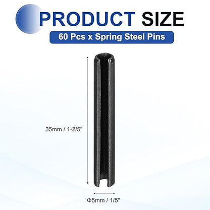 MECCANIXITY 60Pcs Slotted Split Roll Pins 1/5 Inch(5mm) Dia. 1-2/5 Inch(35mm) Length 65Mn Steel Spring Tension Expansion Dowels for Secure Fastening, Black