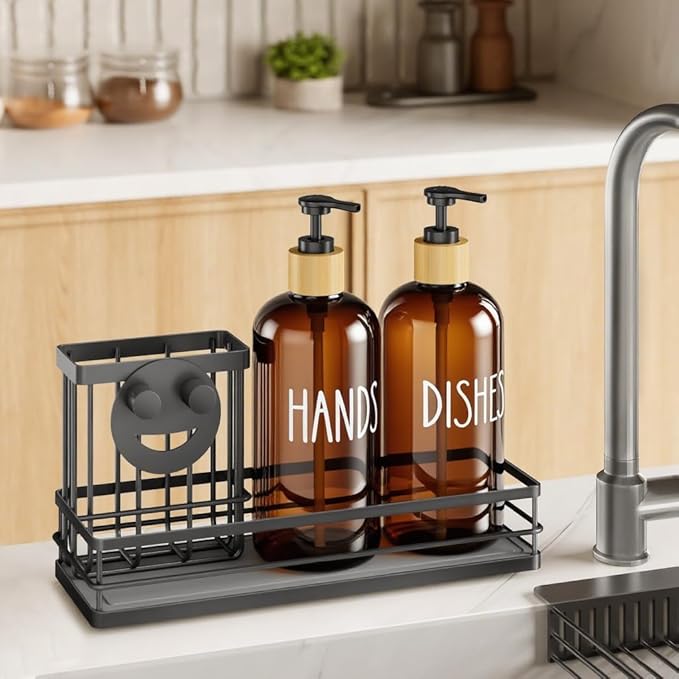 Moforoco Kitchen Dish Soap Dispenser Set, 16OZ Glass Bottle, Hand and Dish Soap Dispenser Set, Instant Dry Tray, Brush Holder with Smiley Face Sponge Holder (Black Tray+Amber Bottle) - Image 6