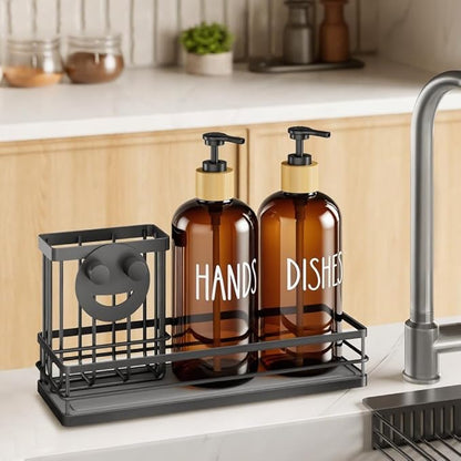 Moforoco Kitchen Dish Soap Dispenser Set, 16OZ Glass Bottle, Hand and Dish Soap Dispenser Set, Instant Dry Tray, Brush Holder with Smiley Face Sponge Holder (Black Tray+Amber Bottle) - Image 6