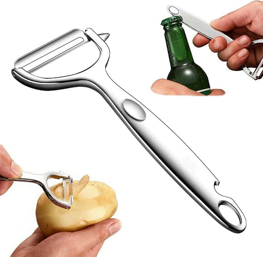 Vegetable Peeler with Bottle Opener, Stainless Steel, Razor-Sharp Blade, Ergonomic Non-Slip Handle, Dishwasher Safe, for Kitchen Peeling Veggie Carrot Fruit Apple