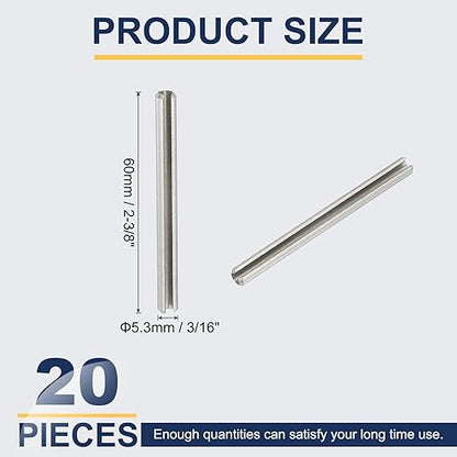 PATIKIL Slotted Spring Pin, 20 Pcs 3/16" x 2-3/8" (5.3mm x 60mm) 304 Stainless Steel Split Roll Pins Spring Dowel for Home Improvement Automotive Machine Repair, Silver