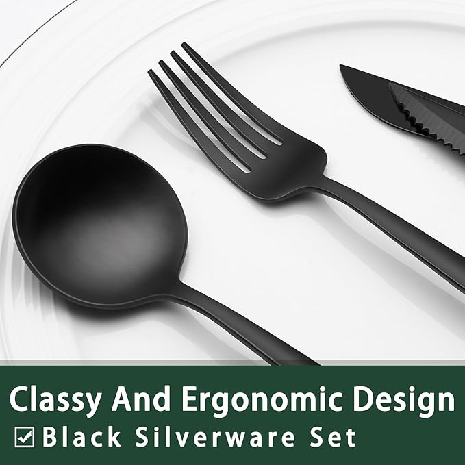 EWFEN 24-Piece Black Silverware Set with Steak Knives, Black Flatware Set for 4, Food-Grade Stainless Steel Tableware Cutlery Set, Mirror Finished Utensil Sets for Home Restaurant, Long Edge - Image 3