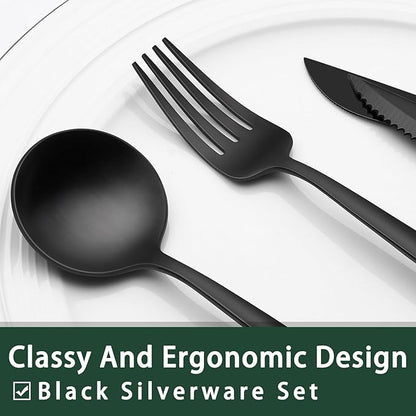 EWFEN 24-Piece Black Silverware Set with Steak Knives, Black Flatware Set for 4, Food-Grade Stainless Steel Tableware Cutlery Set, Mirror Finished Utensil Sets for Home Restaurant, Long Edge - Image 3