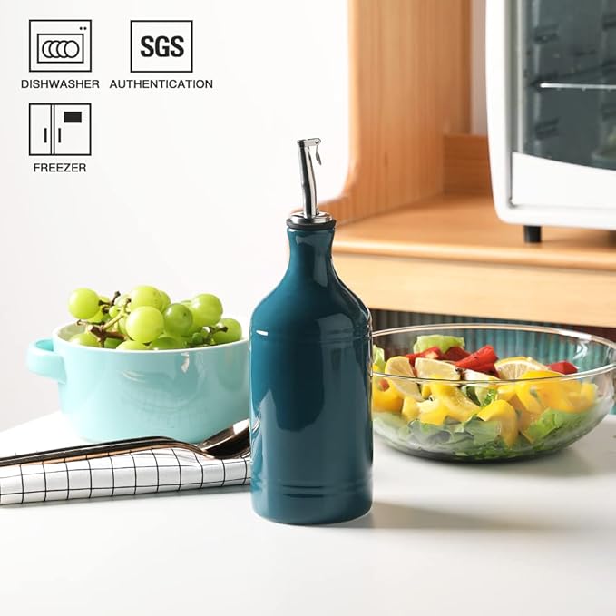 Sweejar Ceramic Olive Oil Dispenser Bottle, Opaque Oil Cruet Protects to Reduce Oxidation, Suitable for Storage Vinegar, Coffee Syrups & Other Liquids, Pack of 1, 15.5 Fl Oz(Teal Green) - Image 3
