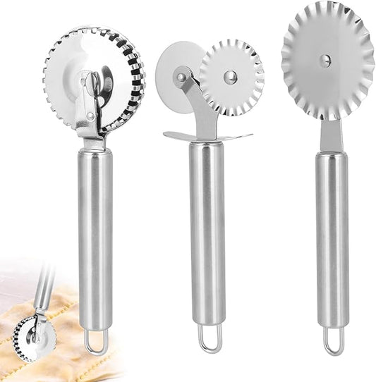 3pcs Pastry Wheel Cutter Set, Stainless Steel Ravioli Pizza Cutter Wheel & Fluted Pasta Crimper with Ergonomic Handle for Dough Pie Kitchen Tools Accessories Supplies (Silver)