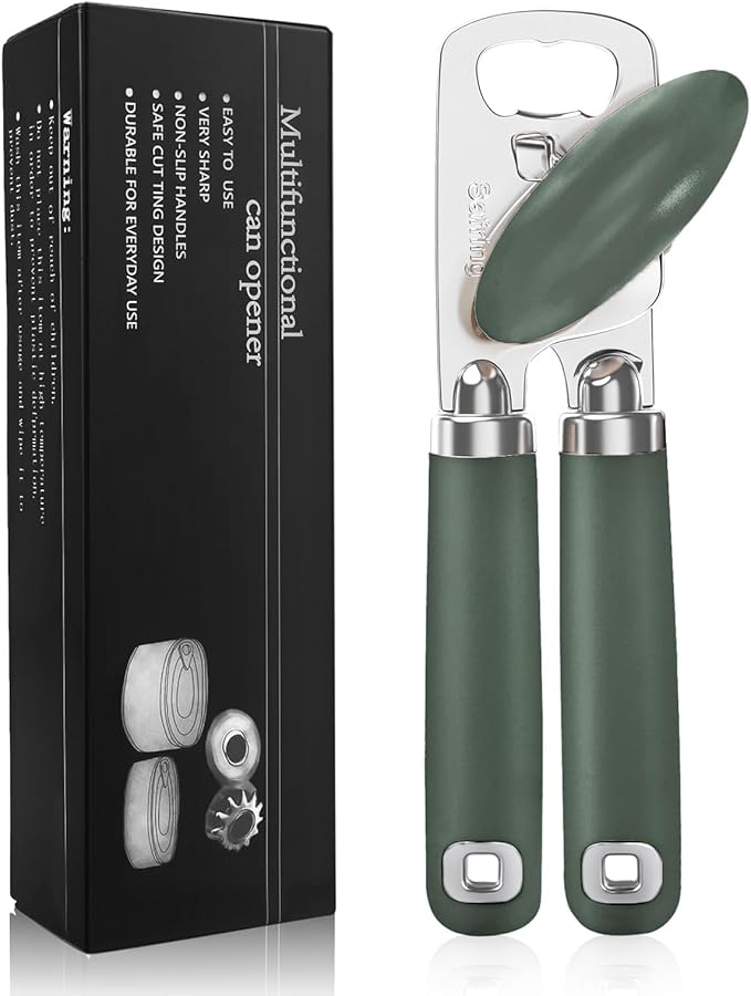 Safring Can Opener Manual, Heavy Duty Stainless Steel Smooth Edge Can Opener With Soft Touch Handle, Oversized Handheld Easy Turn Knob, Multi-Function Bottle Opener, Hunter Green