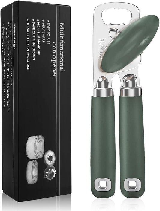 Safring Can Opener Manual, Heavy Duty Stainless Steel Smooth Edge Can Opener With Soft Touch Handle, Oversized Handheld Easy Turn Knob, Multi-Function Bottle Opener, Hunter Green