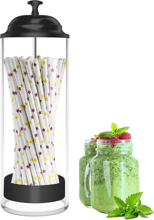 Straw Holder for Standard Size Drinking Straws, Acrylic Plastic Straw Dispenser for Counter with Lid Black(Straws Not Include)