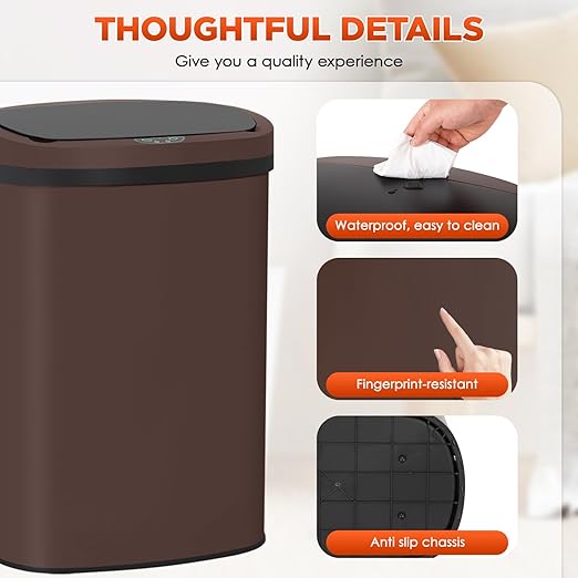 PayLessHere | 13 Gallon Stainless Steel Trash Can | Brown | Automatic Touchless Lid with Motion Sensor | Kitchen Garbage Can with Waterproof Design | for Home, Office, Bathroom | Pack of 1 - Image 6