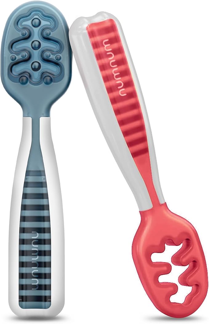 NumNum Baby Spoons Set, Baby Essentials Pre-Spoon GOOtensils for 6+ Months, First Stage Self-Feeding Spoons for Baby Led Weaning (BLW), Silicone Toddler Utensils, BPA-Free, 2 Pack Blue/Red by NumNum