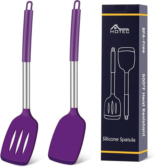 HOTEC Silicone Spatula Set of 2 Heat-Resistant 600°F & BPA-Free Kitchen SaptulaTurner with Stainless Steel Handles, Slotted & Solid Spatulas for Nonstick Cookware, 13.7 Inch, Purple