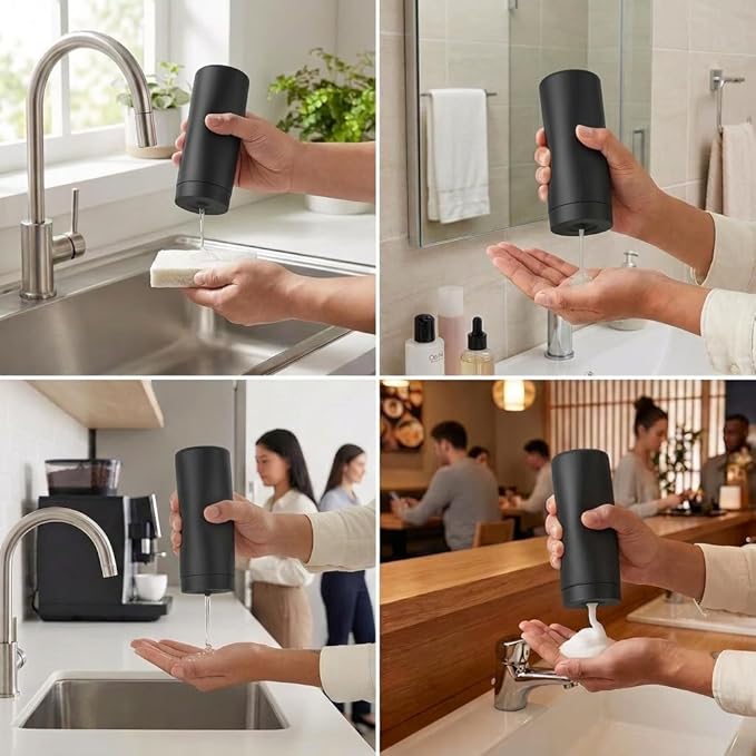 Dish Soap Dish Dispenser, 240ml Silicone Squeeze Washing Up Liquid and Hand Soap Refillable Bottles, Dishwashing Liquid Dispensing for Kitchen & Bathroom (Black)