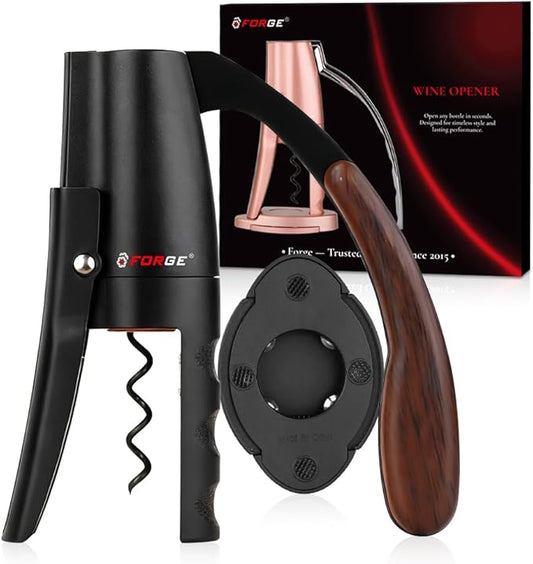 Forge Quality Compact Vertical Lever Corkscrew Wine Opener with Foil Cutter. 3 Seconds to Open a Bottle of Wine. Black.