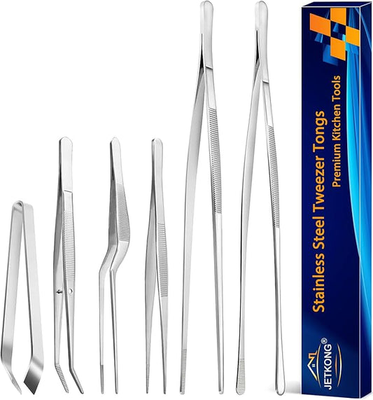 JETKONG 6 Pcs Cooking Tweezer Tongs, 12'' and 6.3" Stainless Steel Kitchen Tweezer Set, Professional Chef Tweezers for Cooking, Repairing, Sea Food, BBQ, Multi-use by JETKONG