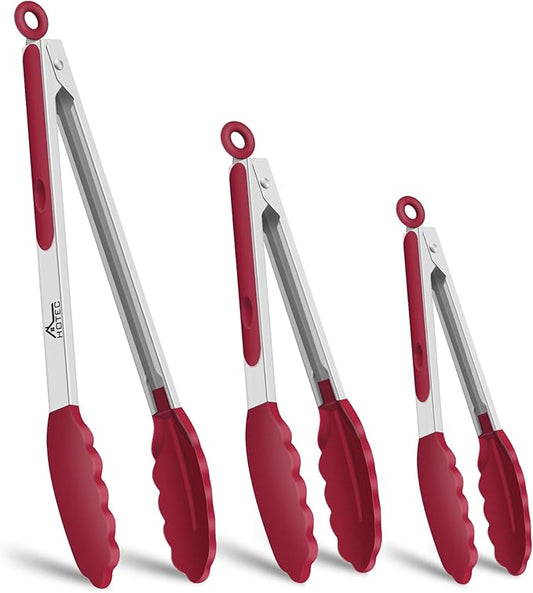 HOTEC Premium Stainless Steel Locking Kitchen Tongs with Silicon Tips, Set of 3-7", 9" and 12" (Red) by Hotec