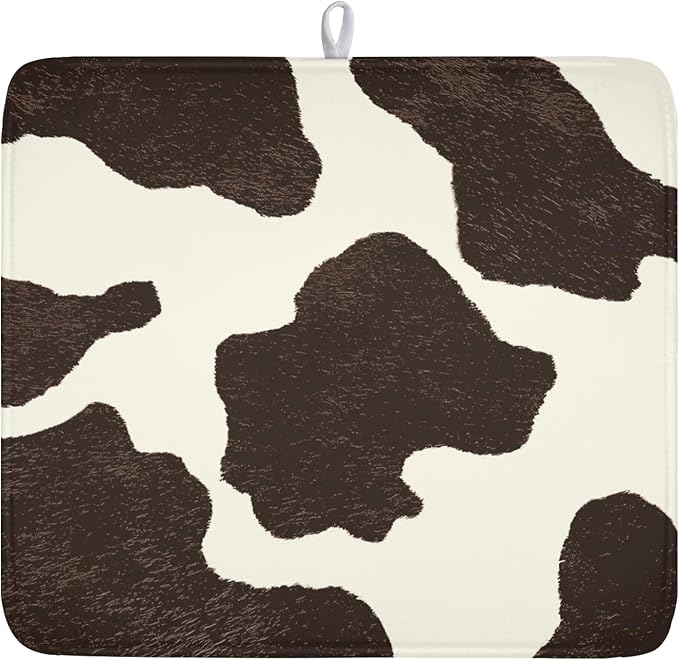 Milk Cow Drying Mat 18x16 Inch, Brown White Cowhide Drying Mat with Absorbent Reversible Microfiber, Cattle Fur Farmhouse Dish Drainer Mats Summer Rack Pad for Coffee Countertop Kitchen Protector