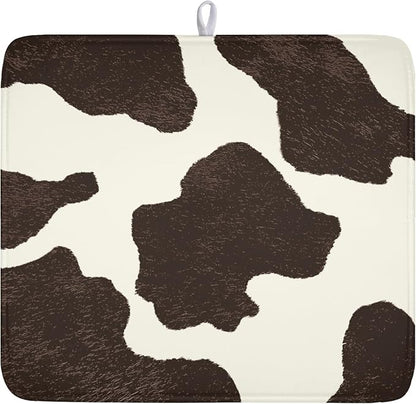 Milk Cow Drying Mat 18x16 Inch, Brown White Cowhide Drying Mat with Absorbent Reversible Microfiber, Cattle Fur Farmhouse Dish Drainer Mats Summer Rack Pad for Coffee Countertop Kitchen Protector