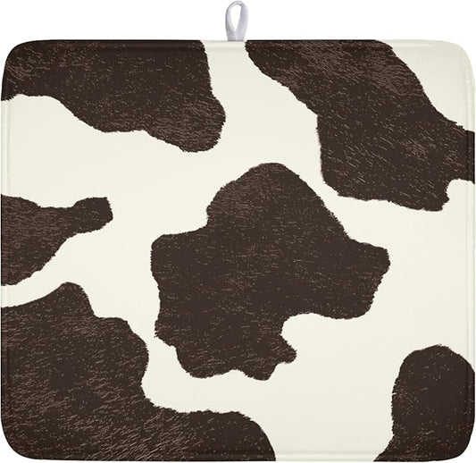 Milk Cow Drying Mat 18x16 Inch, Brown White Cowhide Drying Mat with Absorbent Reversible Microfiber, Cattle Fur Farmhouse Dish Drainer Mats Summer Rack Pad for Coffee Countertop Kitchen Protector