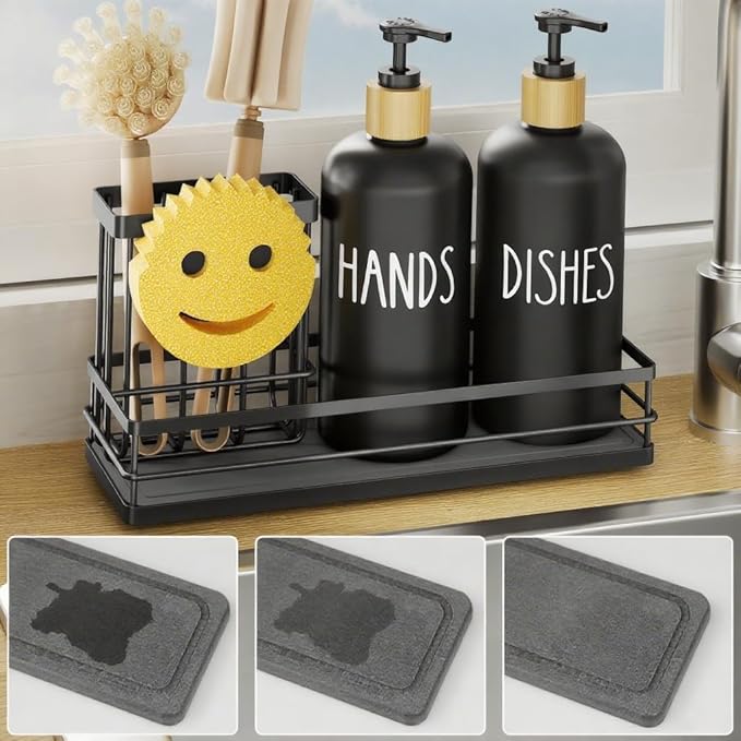 Moforoco Kitchen Dish Soap Dispenser Set, 16OZ Glass Bottle, Hand and Dish Soap Dispenser Set, Instant Dry Tray, Brush Holder with Smiley Face Sponge Holder (Black Tray+Black Bottle) by MOFOROCO