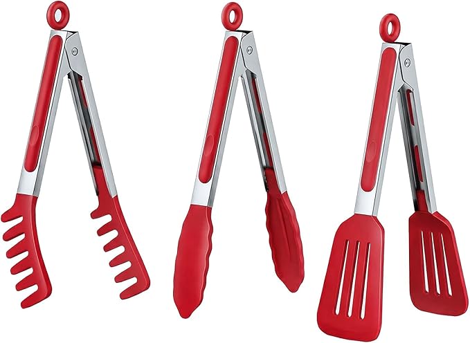 HST 3 Pack Kitchen Tongs, Non Stick Stainless Steel 9 Inch Tongs With Silicone Tip for Cooking BBQ Baking(Red) by HST
