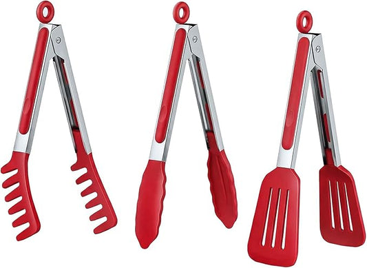 HST 3 Pack Kitchen Tongs, Non Stick Stainless Steel 9 Inch Tongs With Silicone Tip for Cooking BBQ Baking(Red) by HST