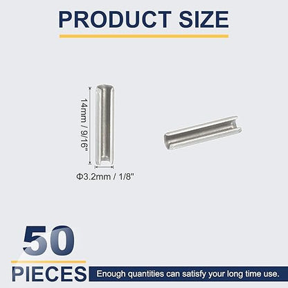 PATIKIL Slotted Spring Pin, 50 Pcs 1/8" x 9/16" (3.2mm x 14mm) 304 Stainless Steel Split Roll Pins Spring Dowel for Home Improvement Automotive Machine Repair, Silver