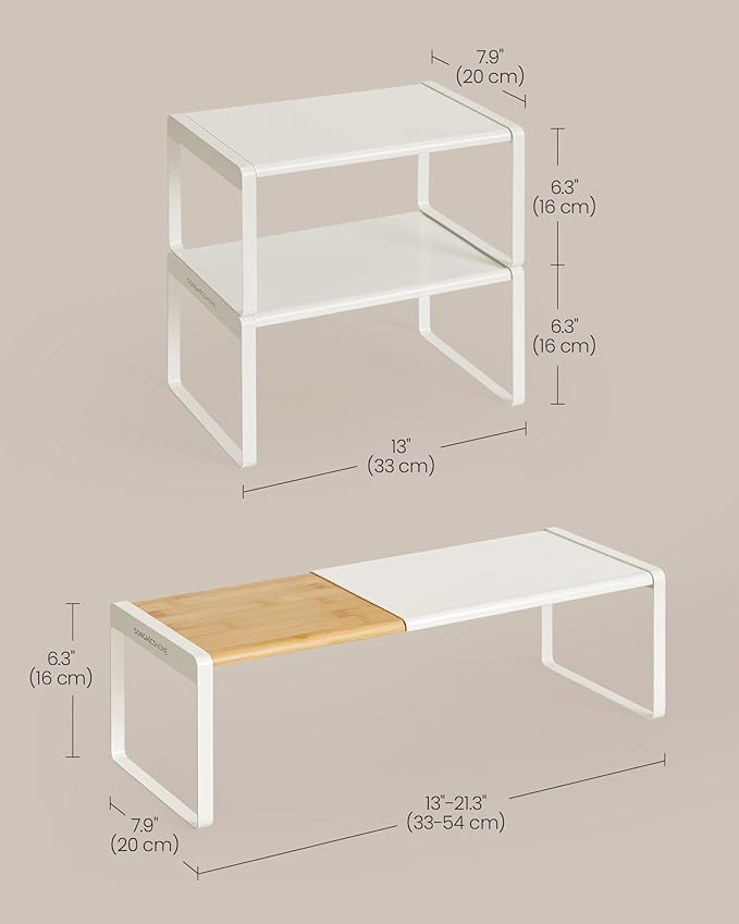 SONGMICS HOME Spice Racks, Expandable Cupboard Shelf Orgnizers, Kitchen Counter Shelves, Bamboo and Metal, Space-Saving Shelving, Stackable, Light Bamboo and Cream White UKCS051N01 - Image 3