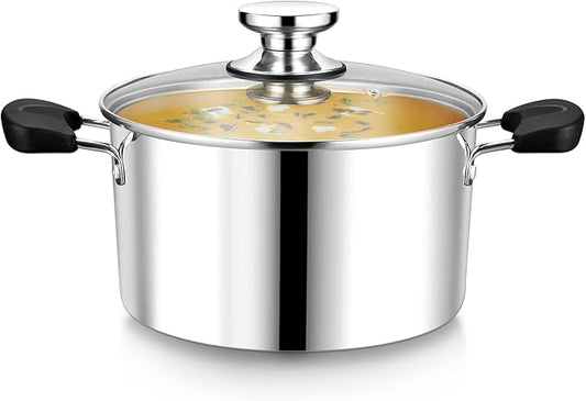 4 Quart 3-Ply Cooking Stock Pot with Lid, P&P CHEF Stainless Steel Large Pot for Pasta Soup, Work on Multi Stove, Heavy Duty & Dishwasher Safe, Dual Heat-resistant Handles & Transparent Glass Lid by PPCHEF