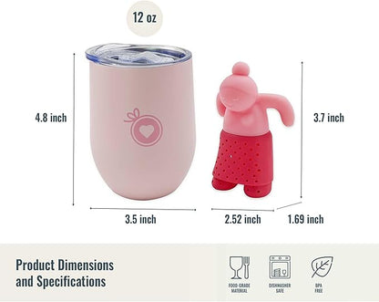 Gift Set for Women - Pink Tumbler with Infuser and Cute Silicone Infuser Girl for Loose Leaf Tea, Ideal Gift for Tea Lovers, Set of 2