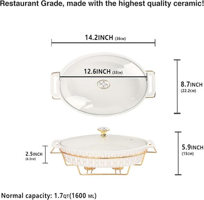 12" x 8" Ceramic Oval Casserole Dish with Glass Lid and rack, 54 ounce Serving Soup Tureen,Chafing Dish for Buffet, Family Food preserve Tray, Catering Casserole for Party Style, White