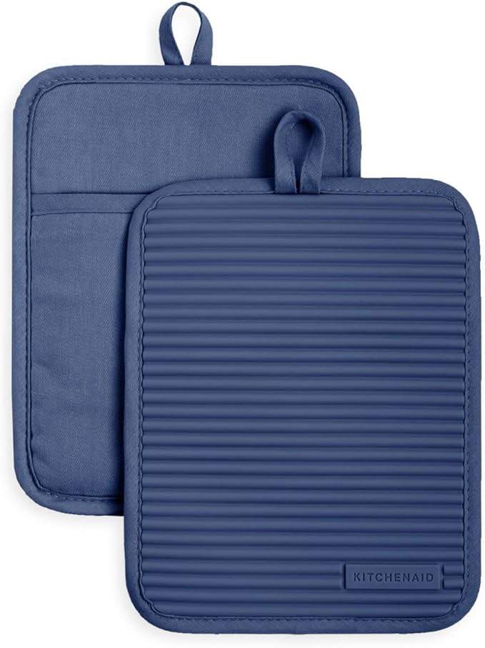 KitchenAid Ribbed Soft Silicone Pot Holder 2-Pack Set, Blue Willow, 7"x9" by KitchenAid