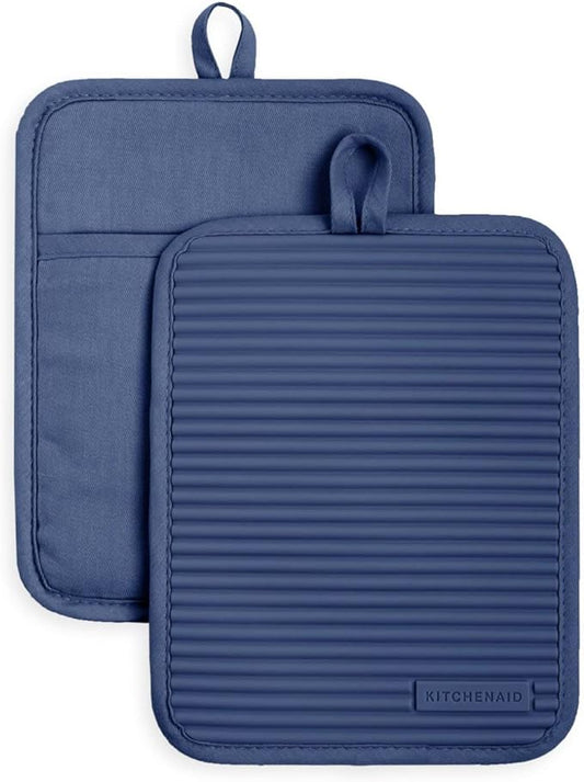 KitchenAid Ribbed Soft Silicone Pot Holder 2-Pack Set, Blue Willow, 7"x9" by KitchenAid