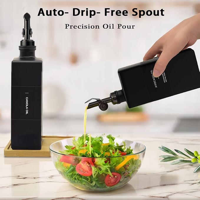 Olive Oil Dispenser Bottle for Kitchen with Bamboo Tray, 16.9oz Glass Oil Bottles and Vinegar Dispenser Set, Decorative Avocado Oil Dispenser Set, Gourmet Gift for Bakers (Black, Set of 2) - Image 6