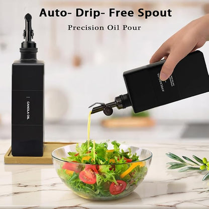 Olive Oil Dispenser Bottle for Kitchen with Bamboo Tray, 16.9oz Glass Oil Bottles and Vinegar Dispenser Set, Decorative Avocado Oil Dispenser Set, Gourmet Gift for Bakers (Black, Set of 2) - Image 6