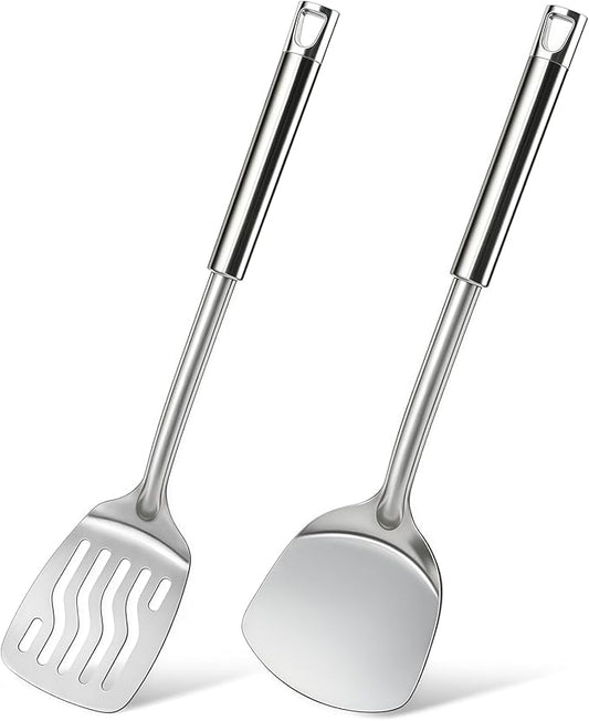 2 Pcs Stainless Steel Spatulas Set, Metal Spatula Solid & Slotted Turner, Heavy Duty Sturdy Spatula for Kitchen Use, High Heat Resistant Cooking Utensils for Fish Eggs Pancakes, Easy to Clean, Silver by Unknown