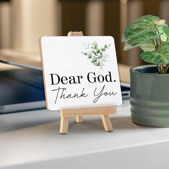 Christian Decor, Religious Gifts for Women Men, Dear God Thank You Wood Sign with Easel Home Office Desk Shelf Tabletop Table Decor - Image 4