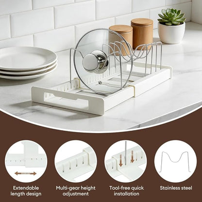 Adjustable Pot and Pan Organizer for Cabinet, Expandable 12"-22" Pan Lid Rack with 7 Stainless Steel Dividers, ABS White Kitchen Cabinet Organizer for Pots, Lids, Cutting Boards