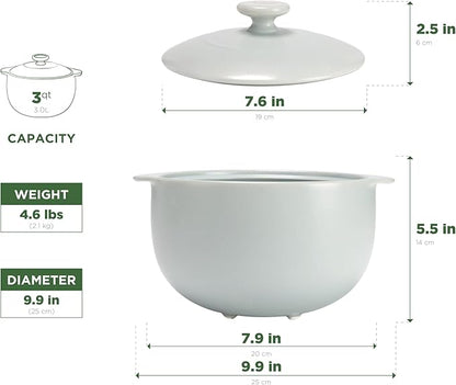 Minh Long 3.17 qt Porcelain Clay Pot for Cooking, Casserole Dish with Lid, Clay Pots for Cooking, Dutch Ovens for Stew, Soup, Steam, Oven & Microwave Safe, Heat Resistant (Vesta, 3.17 qt - Grey)