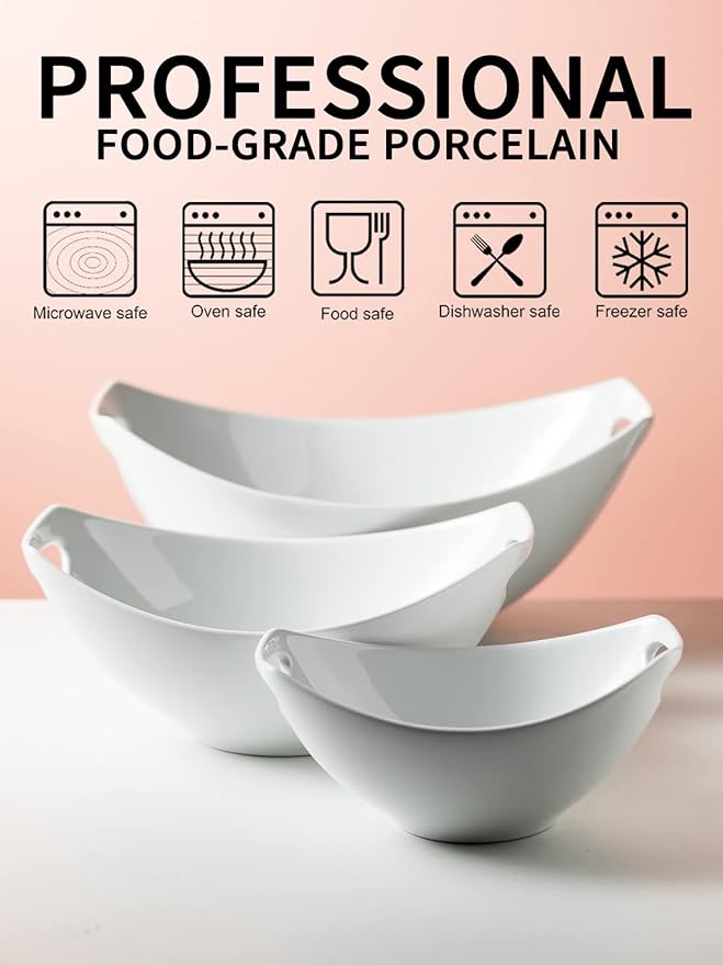 Gomakren Serving Bowls with Handles, Serving Dishes, Porcelain Salad Bowls Mixing Bowl for Entertaining, Nesting Bowl Set of 3, Microwave Dishwasher Safe, 15/28/47 oz, White